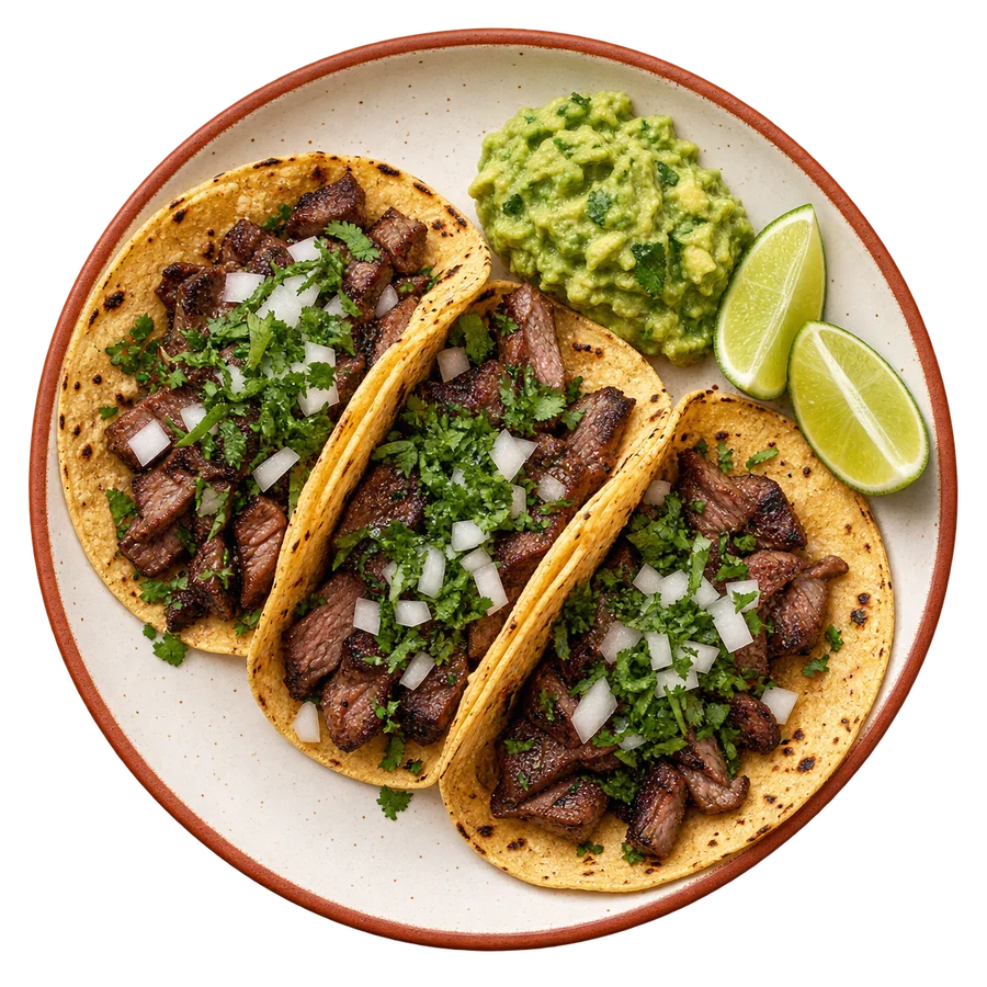Carne asada tacos with cilantro, white onion, and lime