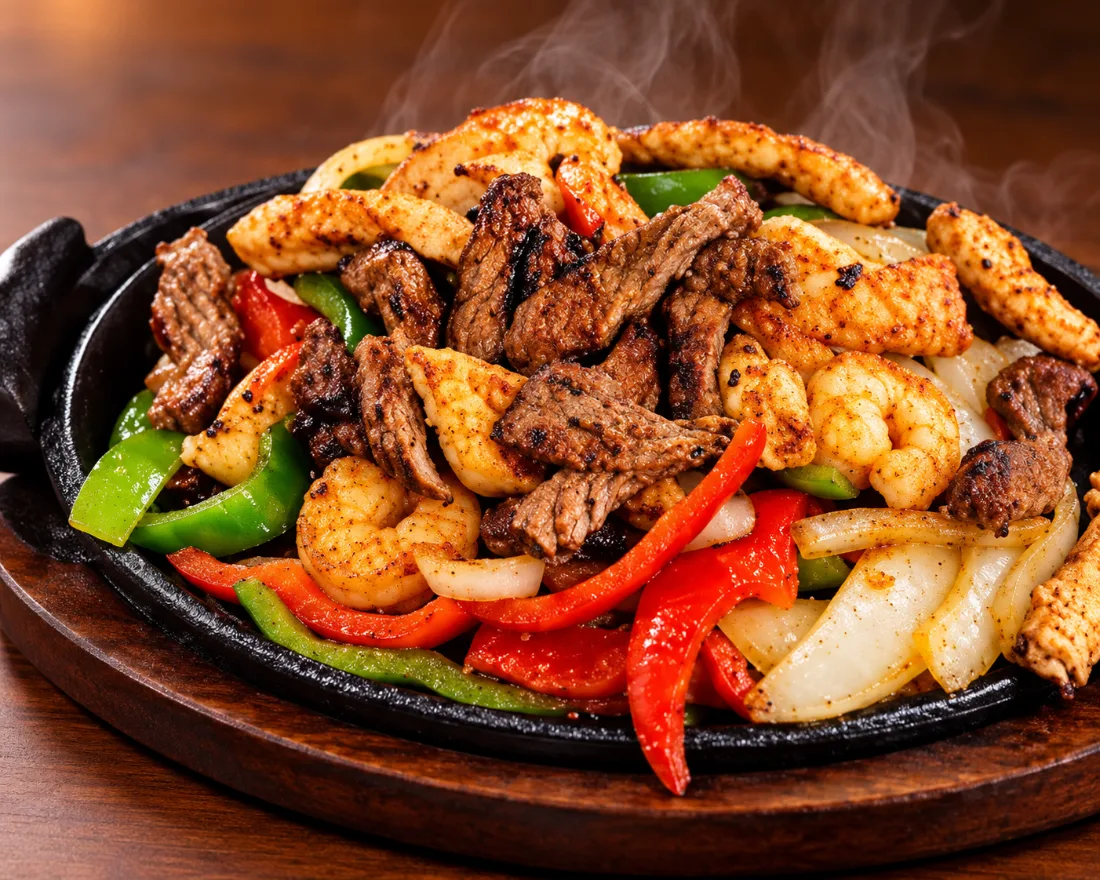 Mixed fajitas with grilled meat, shrimp, peppers, and onions in a black skillet