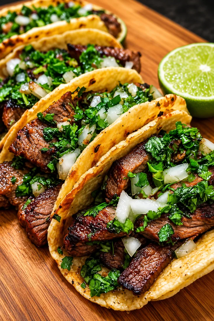 Close-up of steak tacos topped with cilantro and white onion, beside fresh lime
